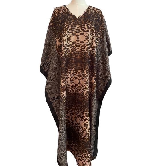 VTG Winlar Kaftan Maxi Muumuu Dress Animal Print Satin Mrs Roper Mob Wife OSFM - Picture 1 of 7